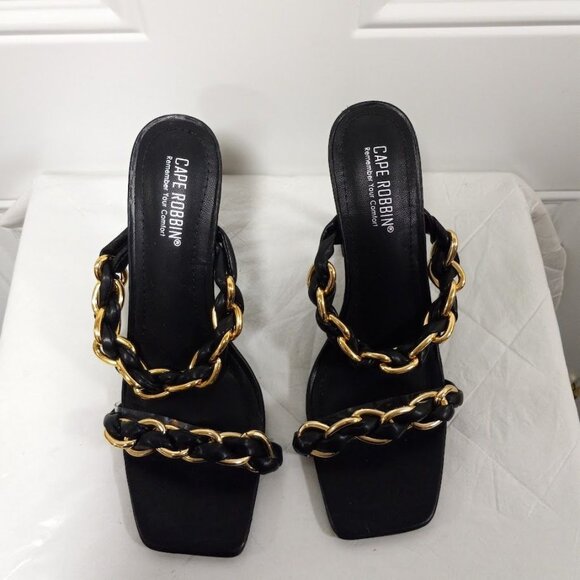 Cape Robbin Black & Gold Chain Strap High Heel Sandals Square Toe Women's 10 - Picture 2 of 6
